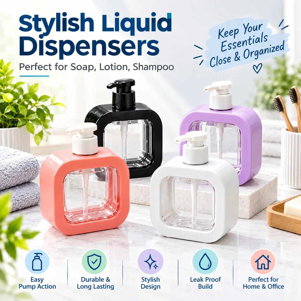 Four square refillable pump dispensers in coral, white, black and lavender on a bathroom counter