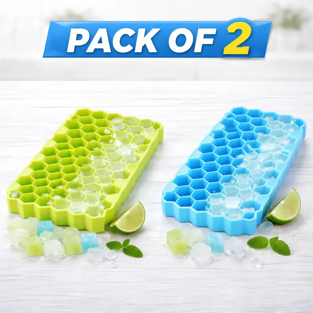 Green and blue hexagon silicone trays with text showing uses for drinks, fruit, baby food and infusions