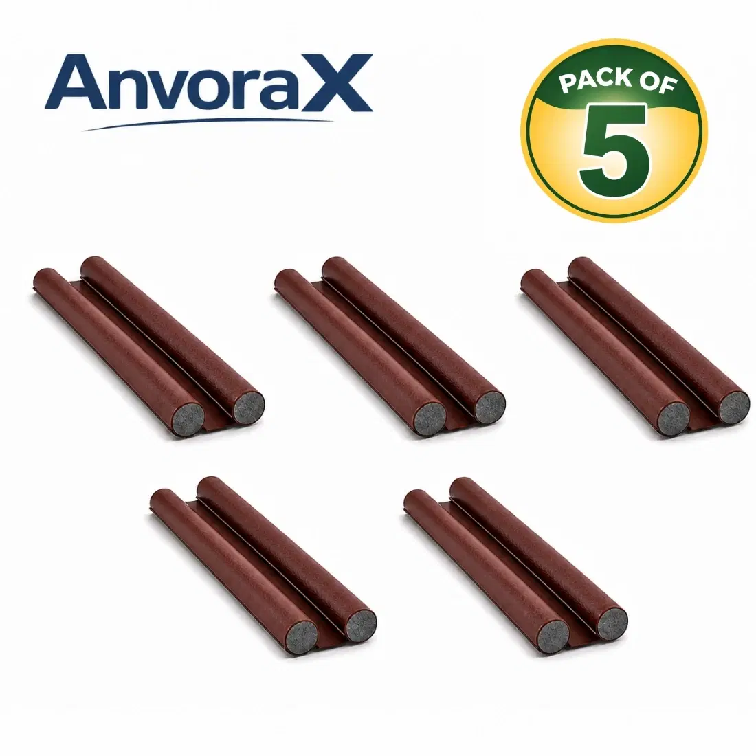 Five brown double-sided door draft stoppers bundled together with paper bands on a white background