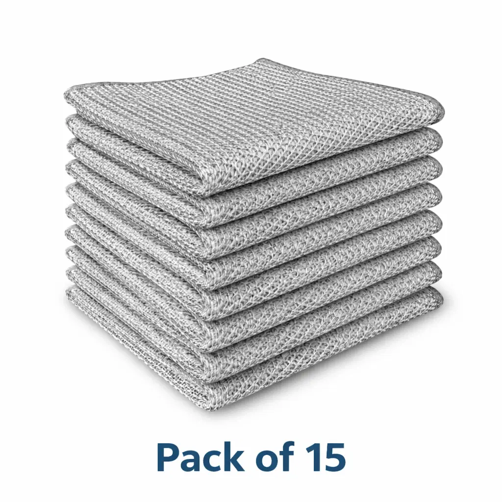 Stack of 15 gray mesh cleaning cloths shown folded on a white background
