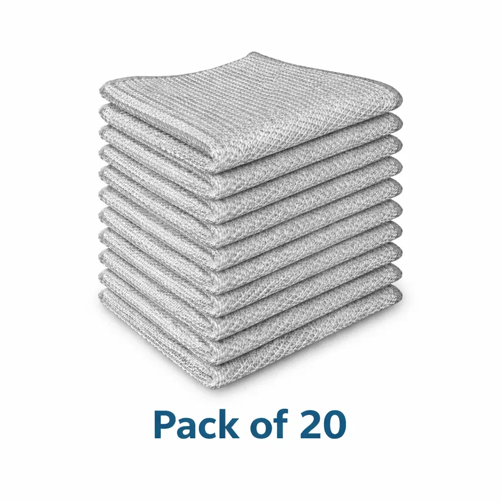 Stack of silver mesh cleaning cloths shown folded, with Pack of 20 text below