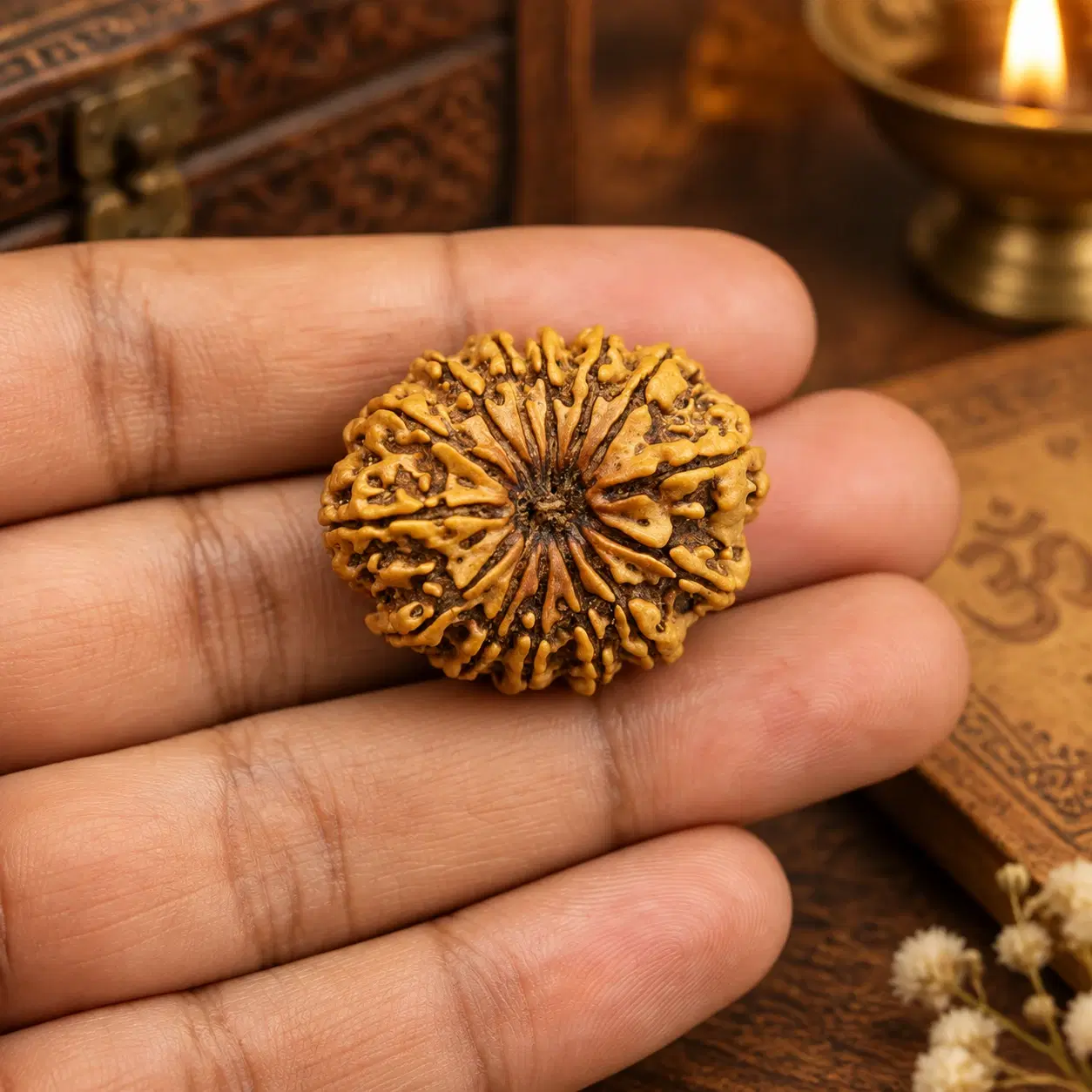 Close-up of a textured rudraksha bead resting on fingers, showing detailed natural grooves
