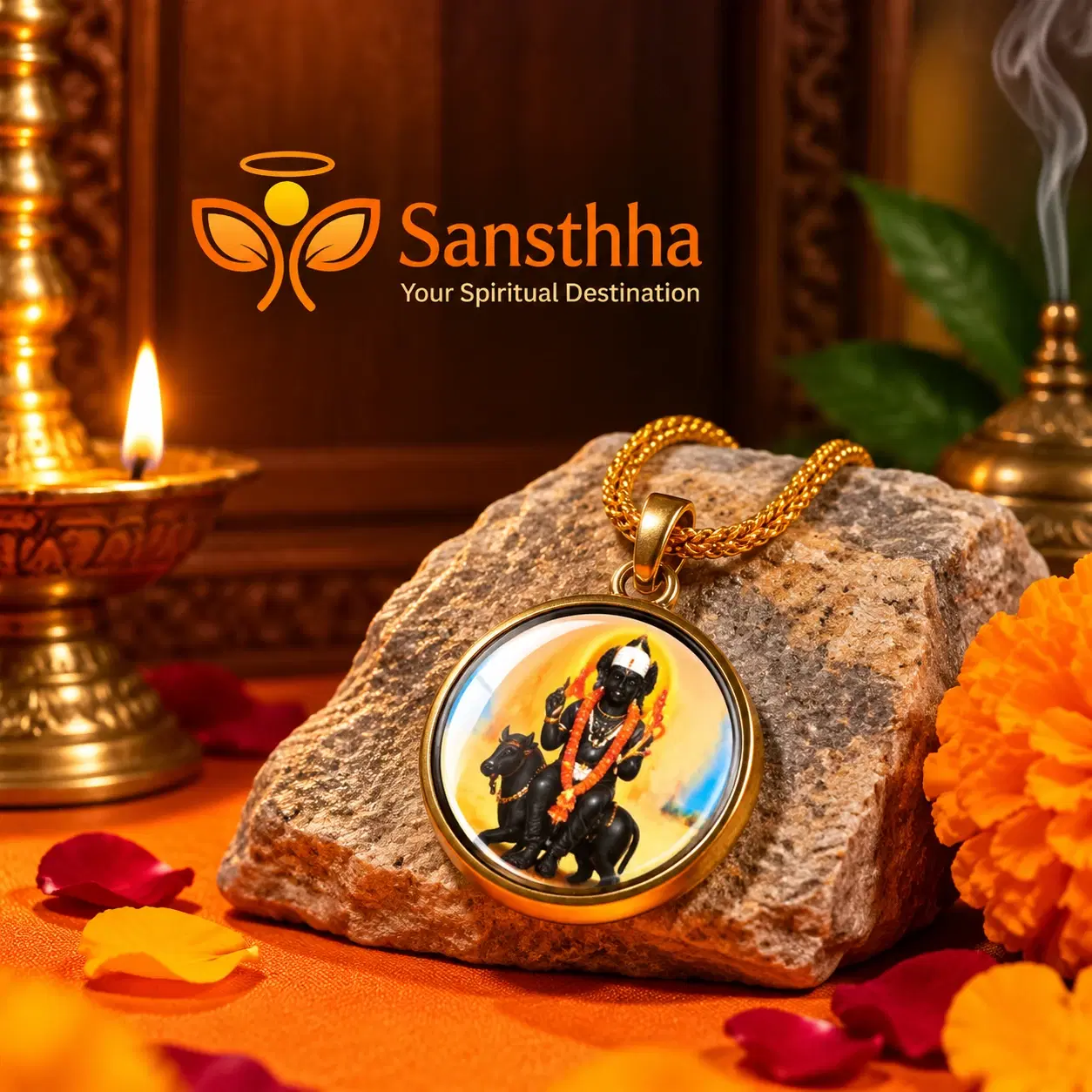 Front view of round gold-tone pendant with Shani deity artwork and chain, styled on a stone near a diya