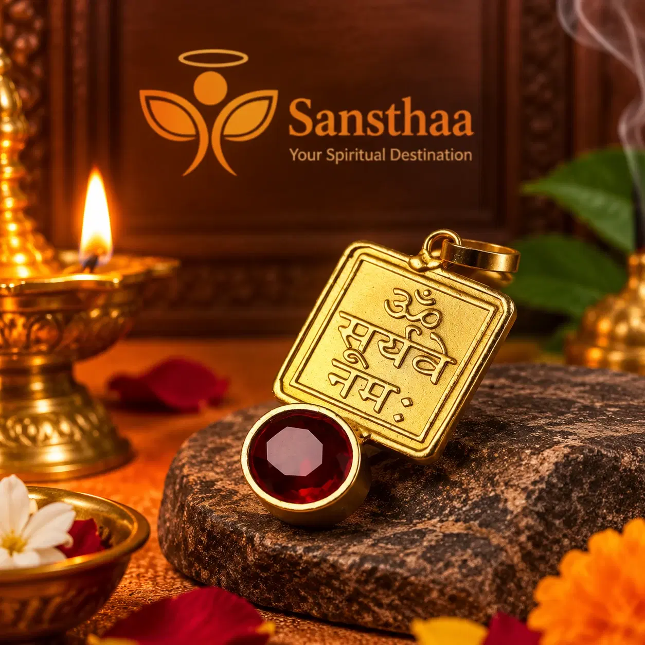 Front view of gold-tone pendant with Om Surya Namah inscription and red faceted stone
