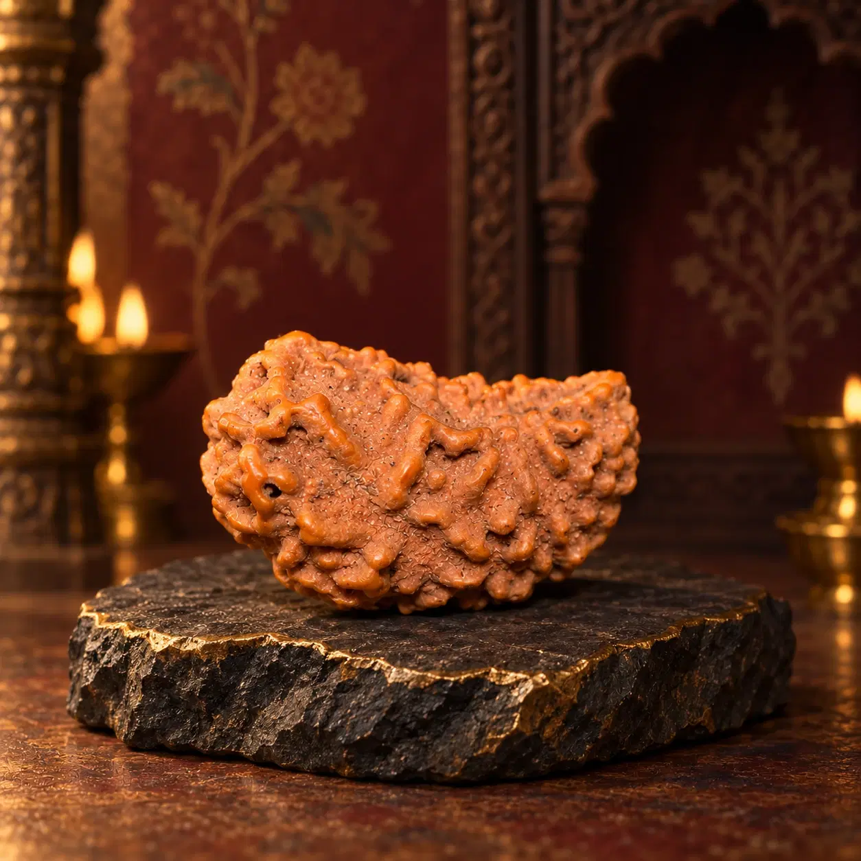 Rough brown rudraksha bead displayed on a dark stone slab with warm temple-style backdrop