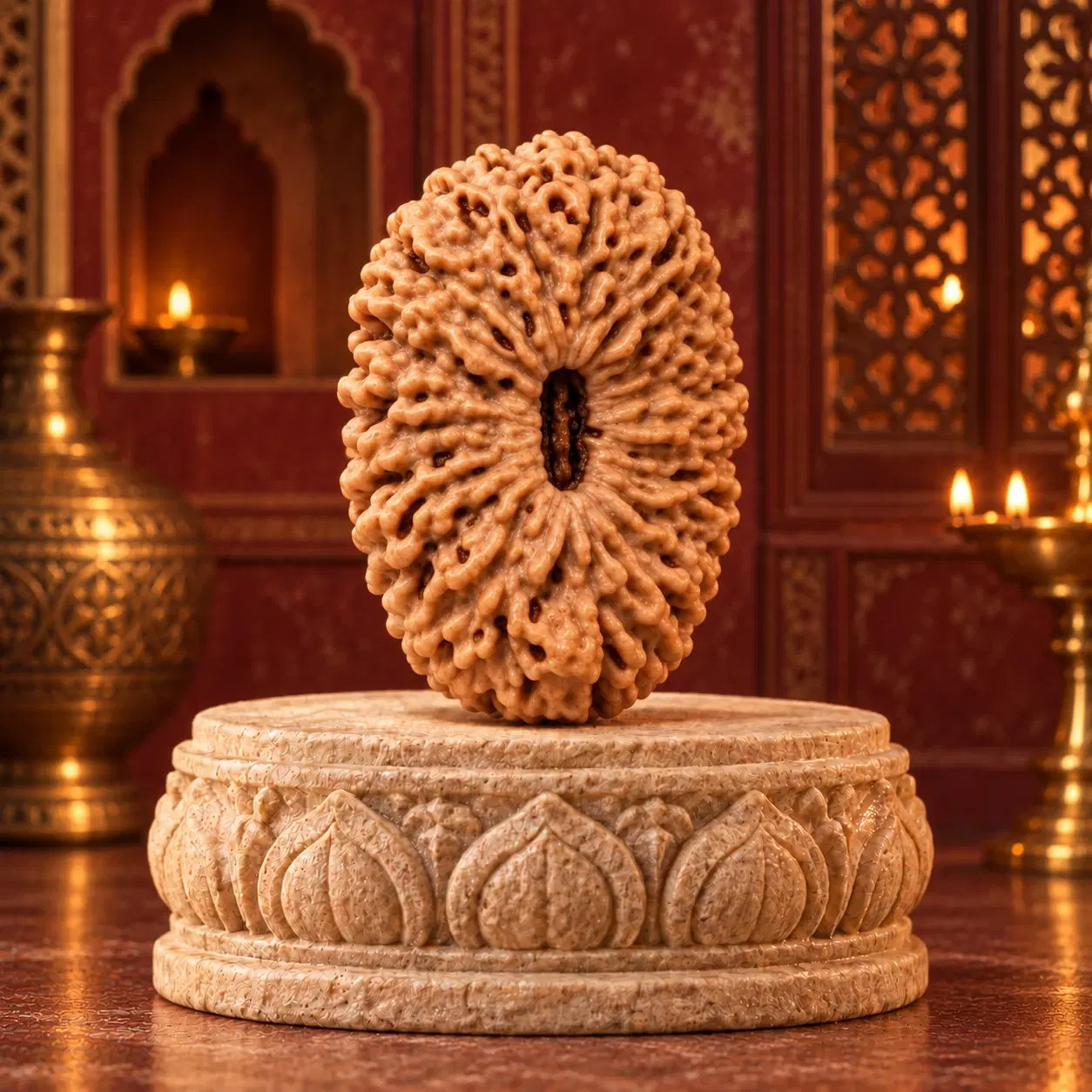 Front view of a tan rudraksha bead standing on a carved lotus-style pedestal