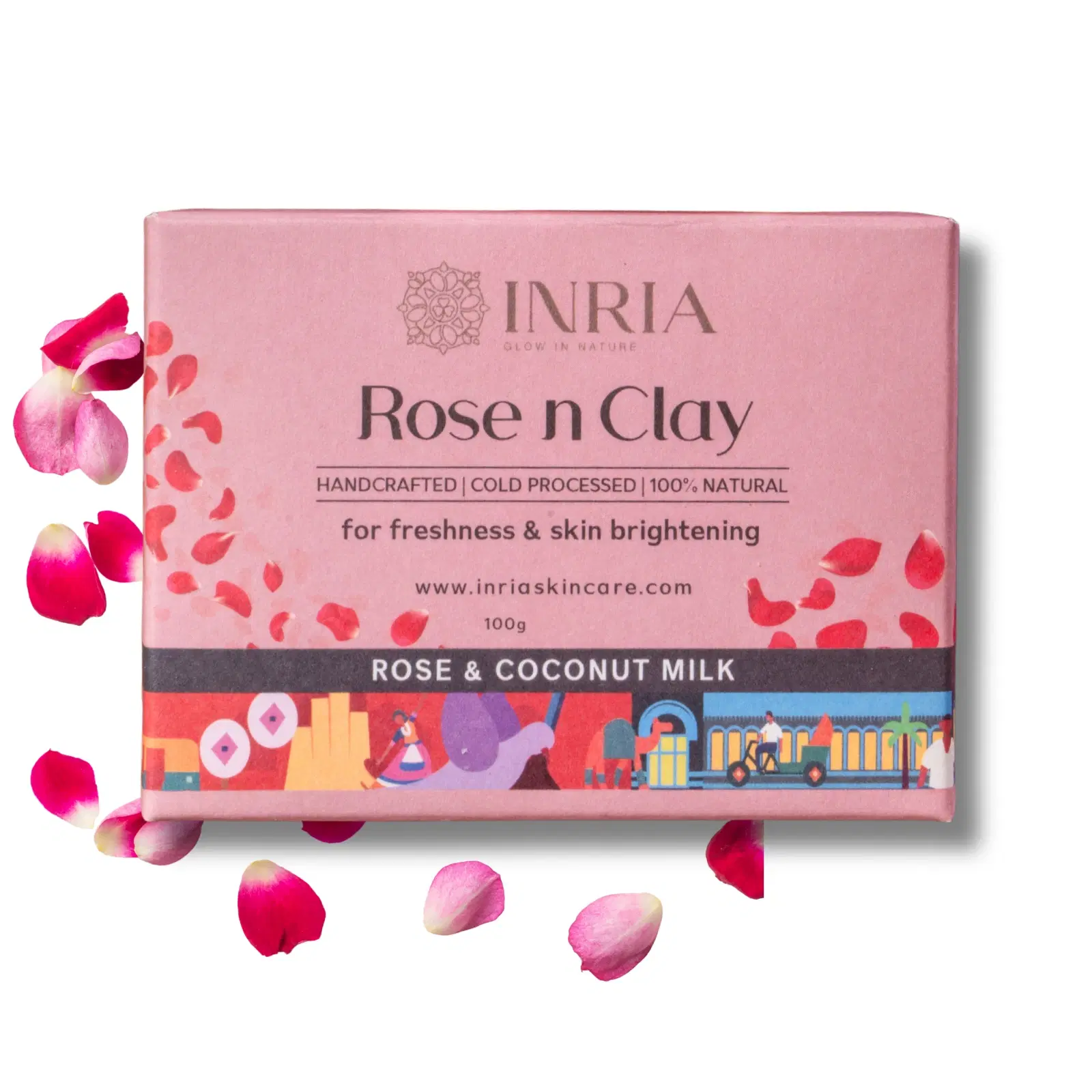 Front view of INRIA Rose n Clay soap box in pink packaging with rose petals and Rose & Coconut Milk label