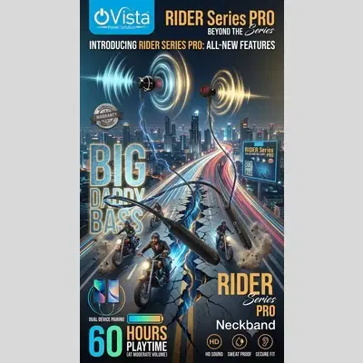 Front promo box art for Vista Rider Series Pro neckband with city graphic and 60 hours playtime text