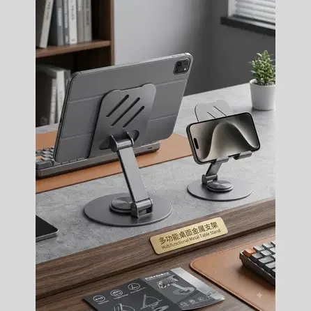 Metal desk stand holding a tablet and phone on a modern workspace, shown in use from an angled front view