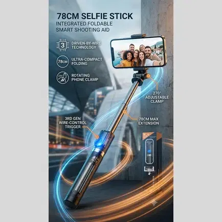 Promotional view of black 78cm selfie stick extended with phone mounted and feature callouts