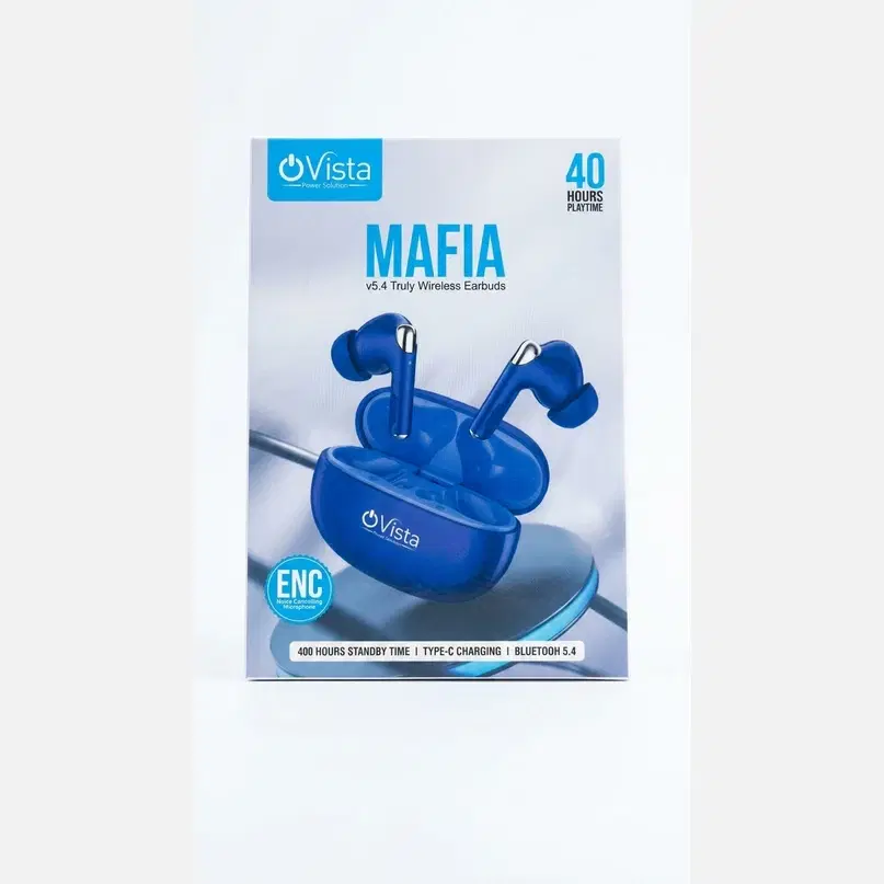 Front of Vista Mafia earbuds box showing blue charging case, earbuds, ENC badge and 40 hours playtime