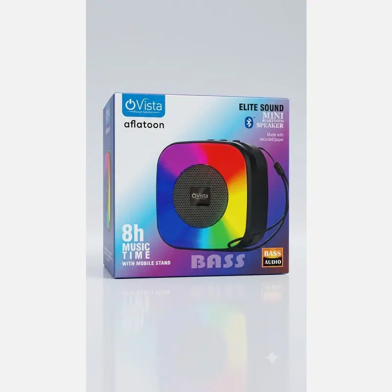 Front of Ovista Aflatoon speaker box showing rainbow RGB speaker design and 8h music time text