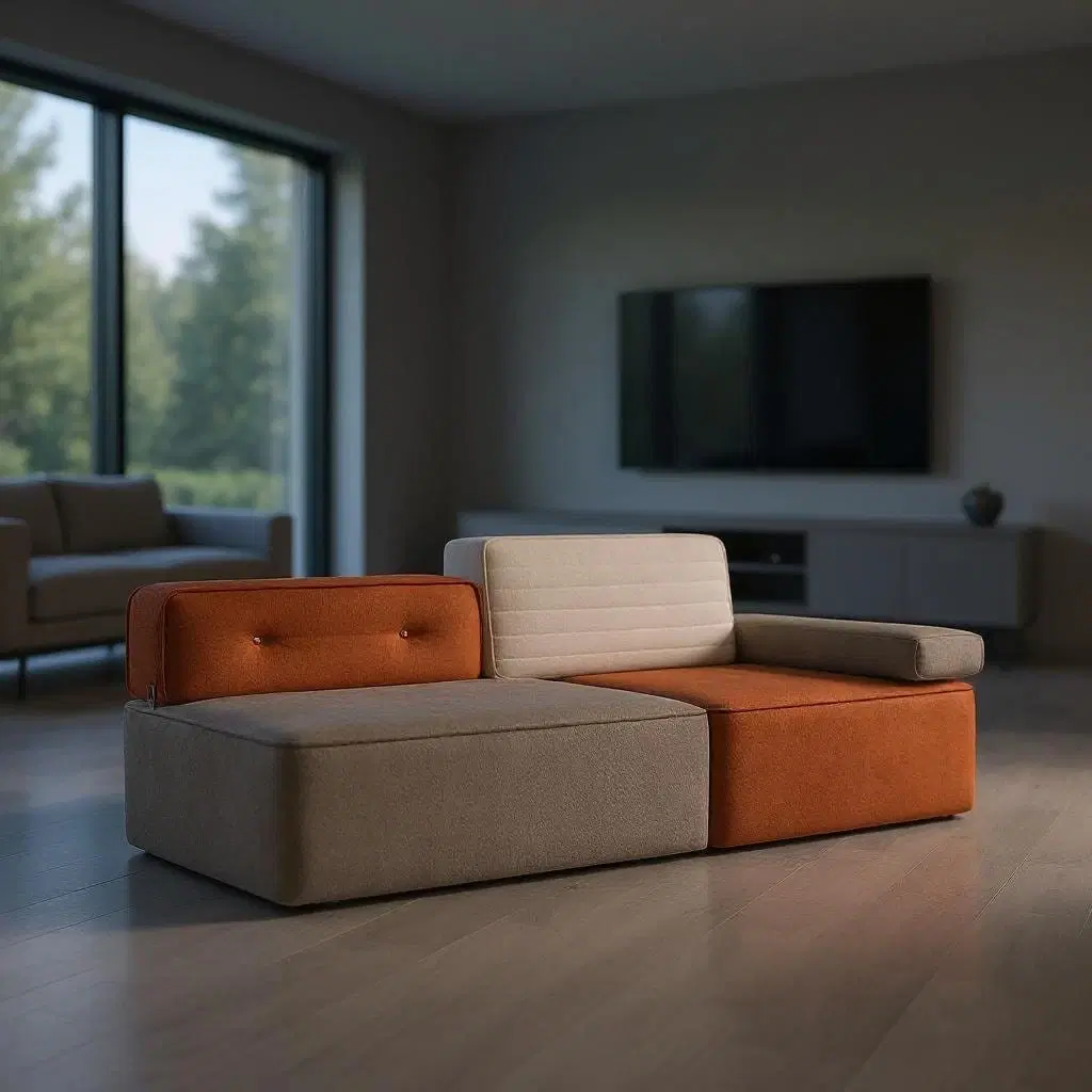 Front angled view of low modular sofa with beige left seat, orange right seat, cream back and gray armrest