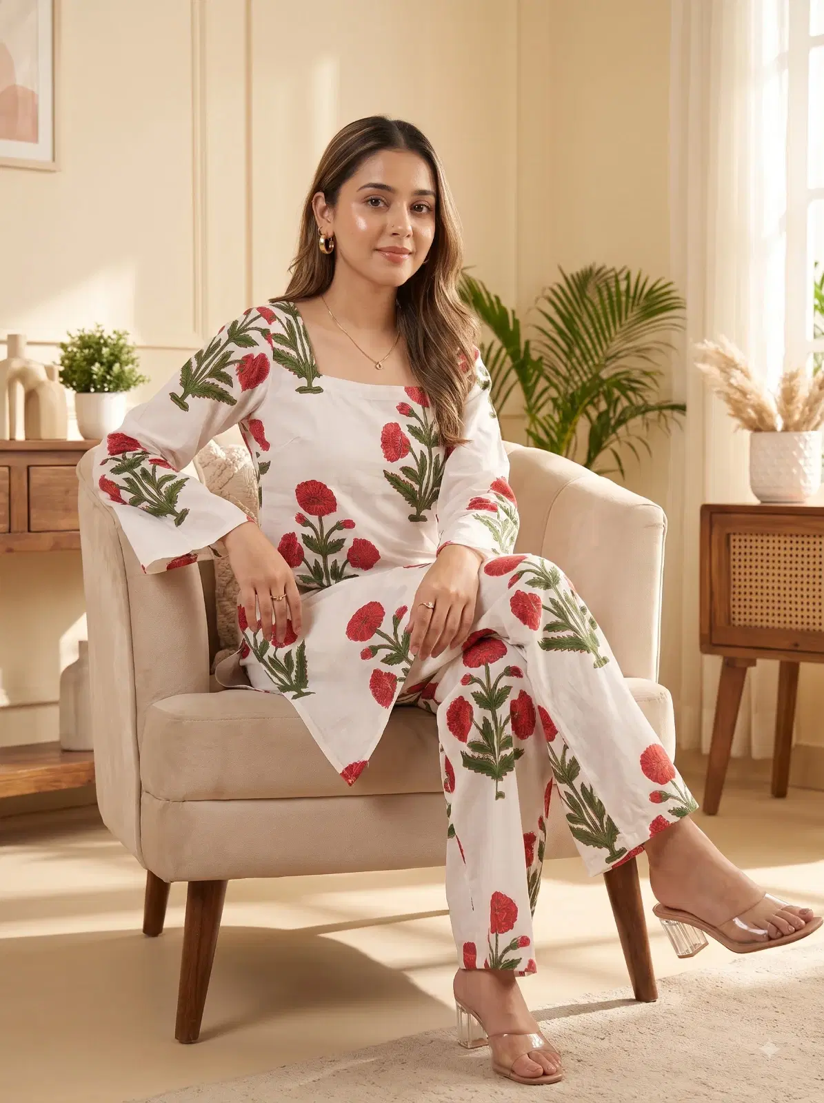 Woman seated in a white floral kurta and palazzo set with square neckline and asymmetric hem