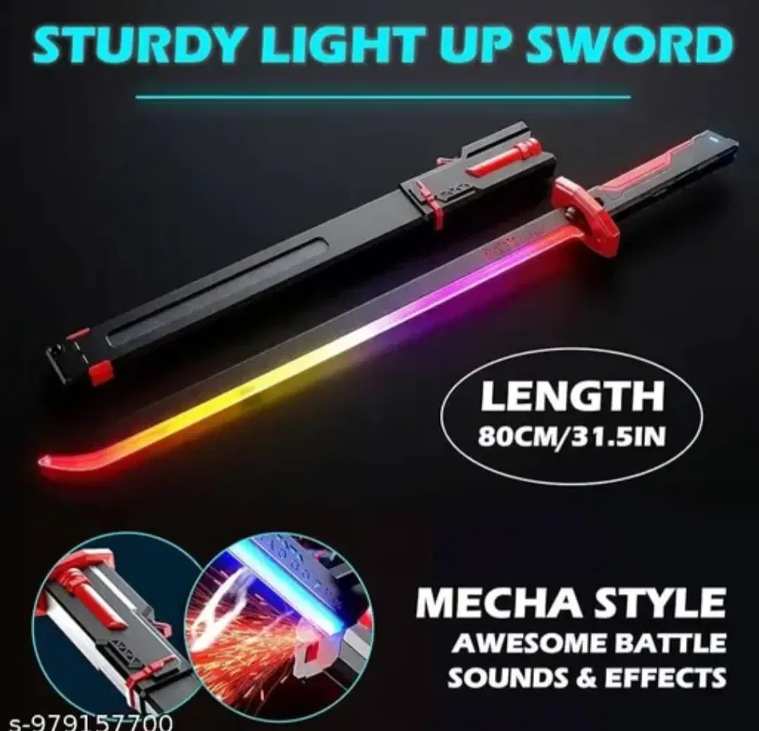 Mecha-style toy sword with glowing rainbow LED blade, black sheath, and 80 cm length graphic