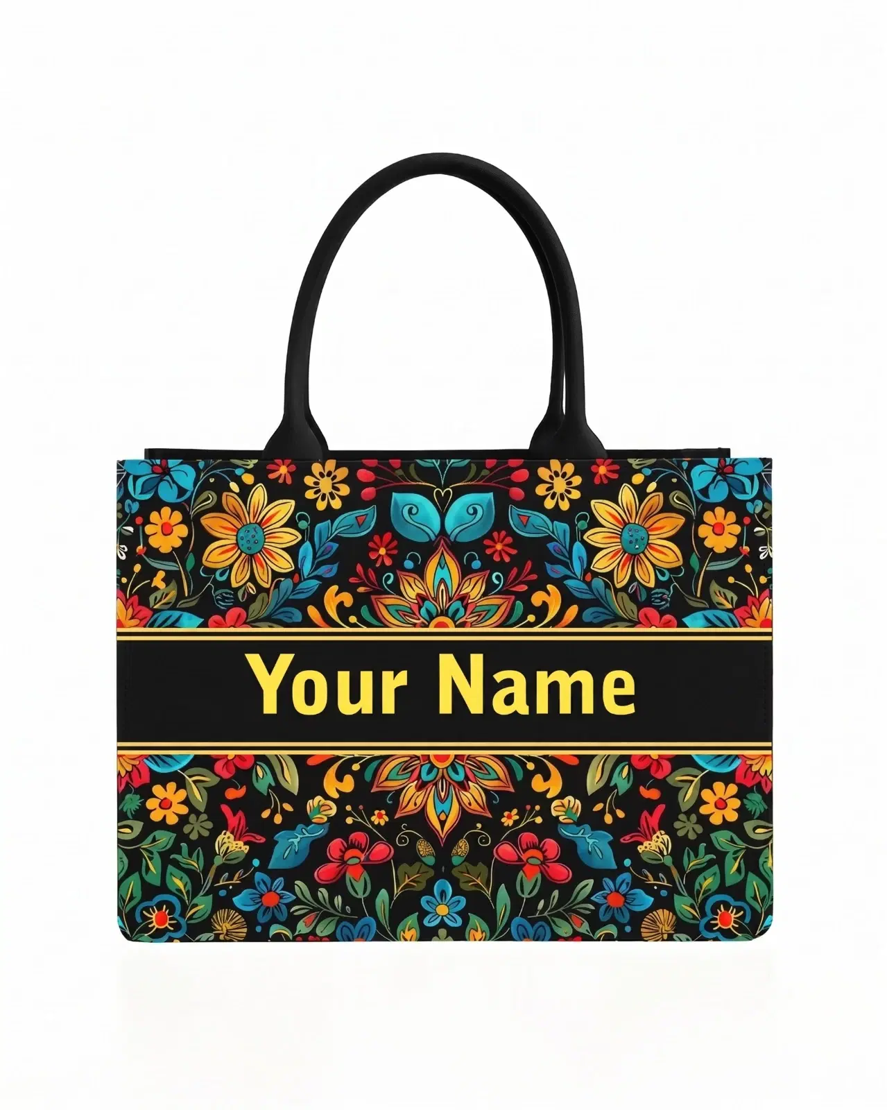 Front view of floral black tote with yellow custom name text across the center band