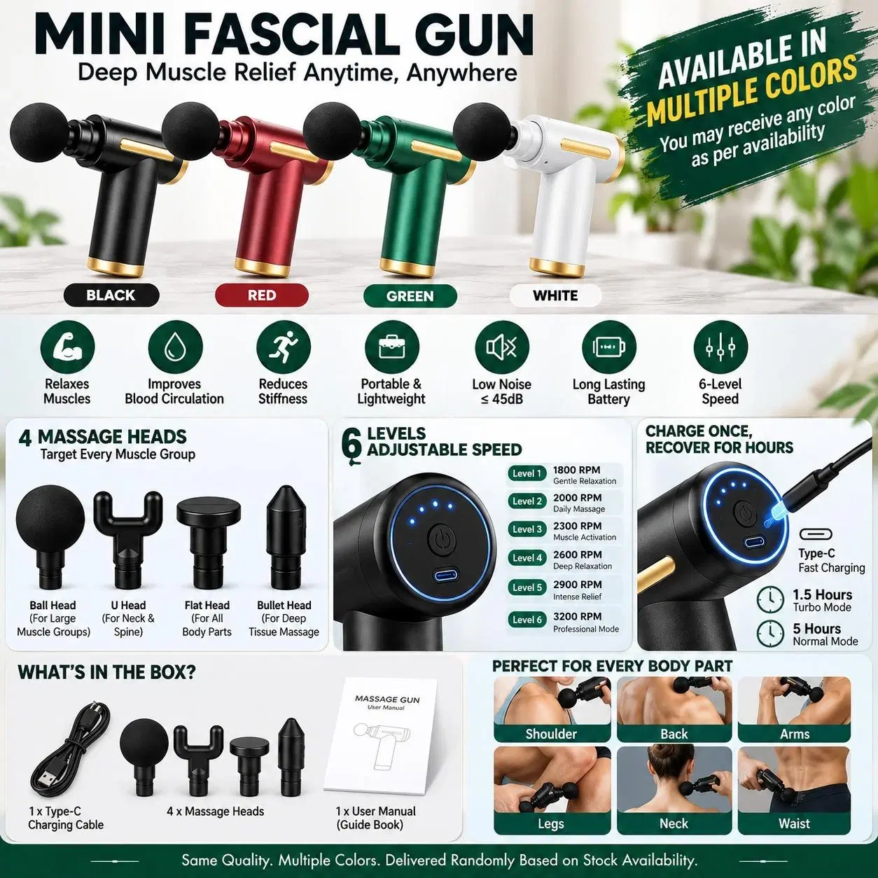 Mini massage gun infographic showing black, red, green and white color options with 4 heads and 6 speeds