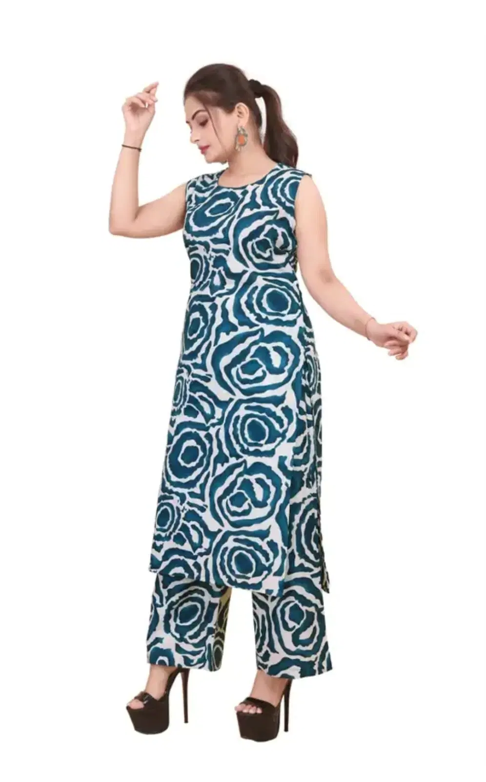 Front angled view of blue and white abstract print sleeveless kurta with matching palazzo pants