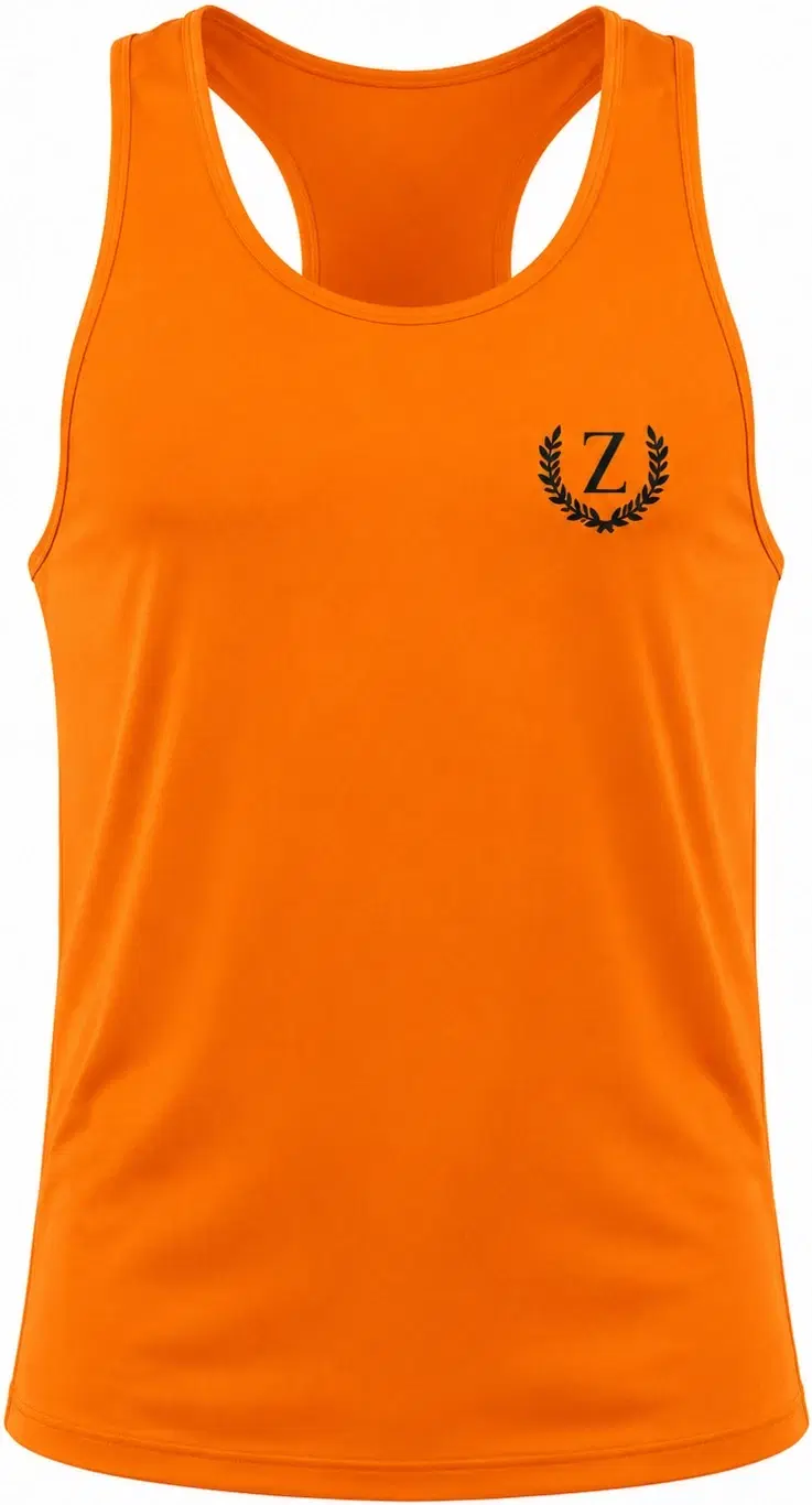 Front view of bright orange racerback tank top with small black Z crest print on chest