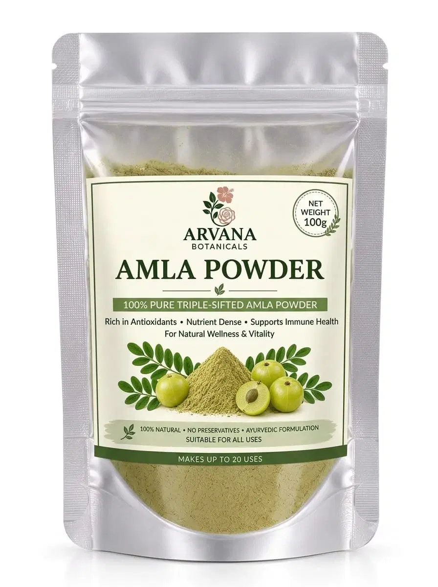 Front of silver stand-up pouch showing Arvana Botanicals Amla Powder label and 100g net weight
