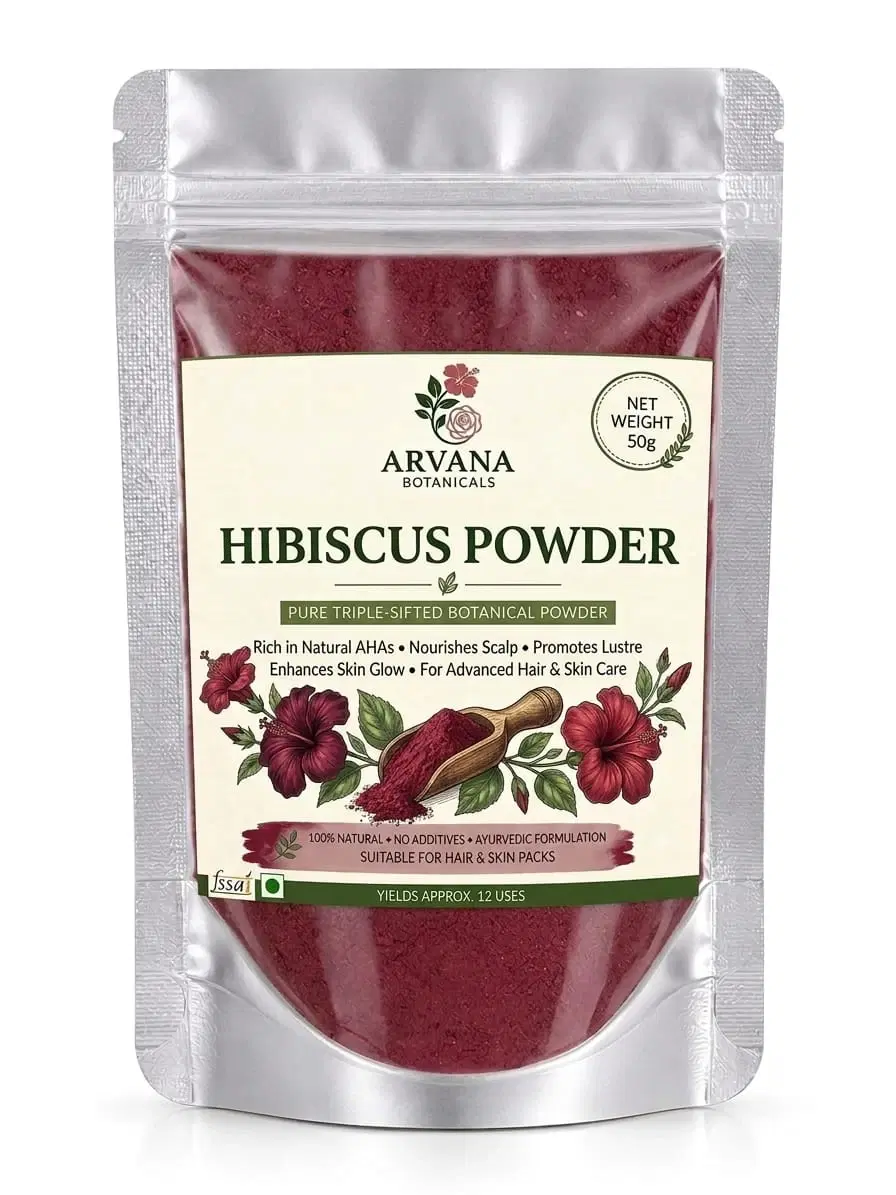 Front view of Arvana Botanicals Hibiscus Powder 50g in a silver resealable pouch