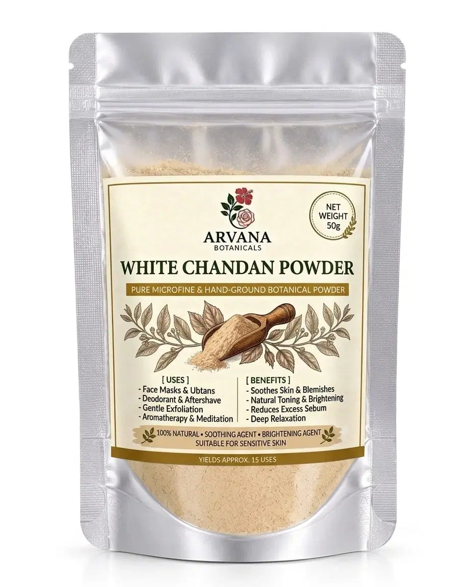 Front view of Arvana Botanicals White Chandan Powder in a silver resealable 50g stand-up pouch