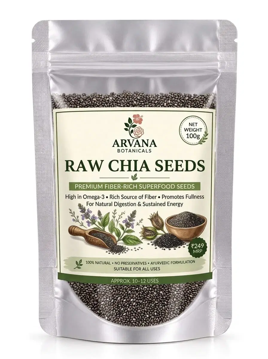 Front view of Arvana Botanicals Raw Chia Seeds 100g in a silver resealable stand-up pouch