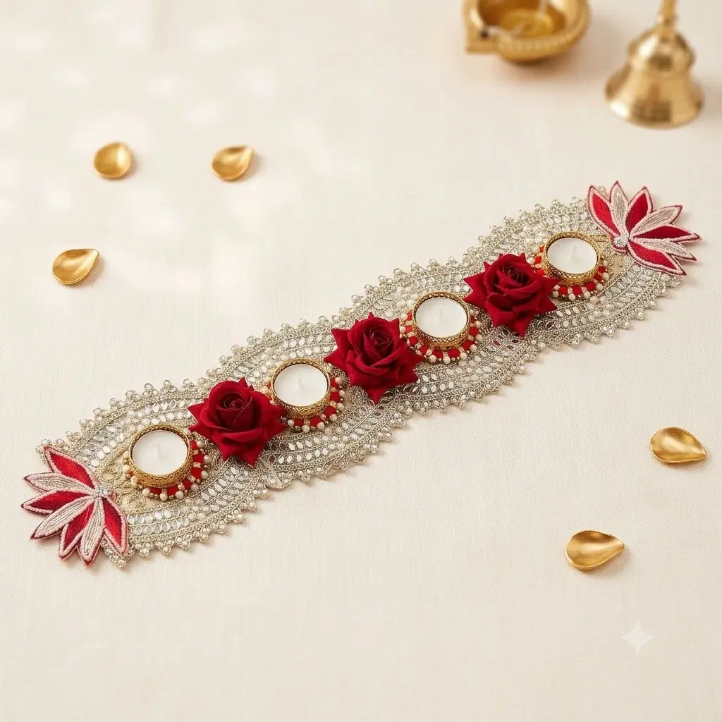 Angled top view of a gold lace runner with red roses, lotus ends and four white tealight holders