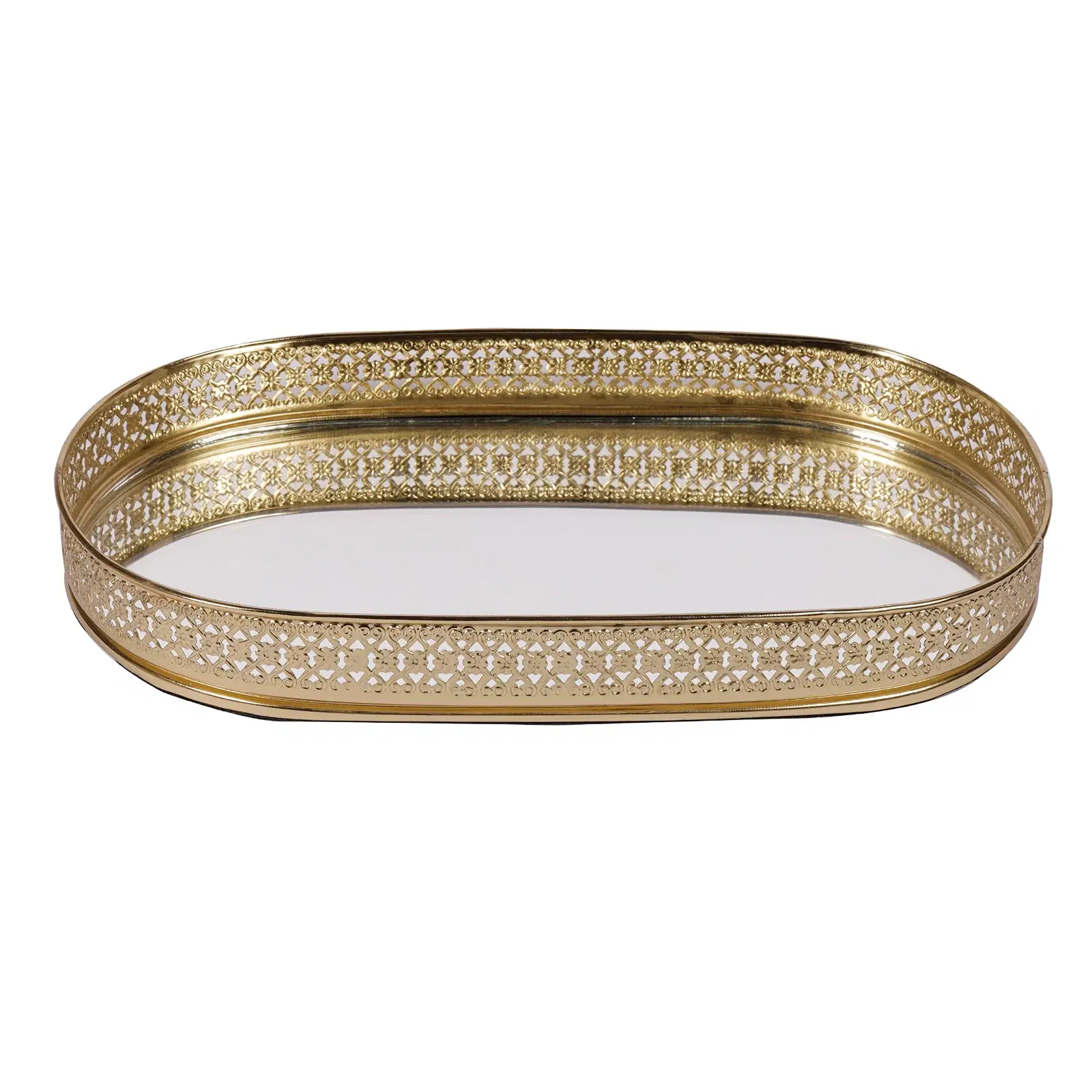 Oval mirrored tray with gold-tone pierced metal rim shown on a plain white background