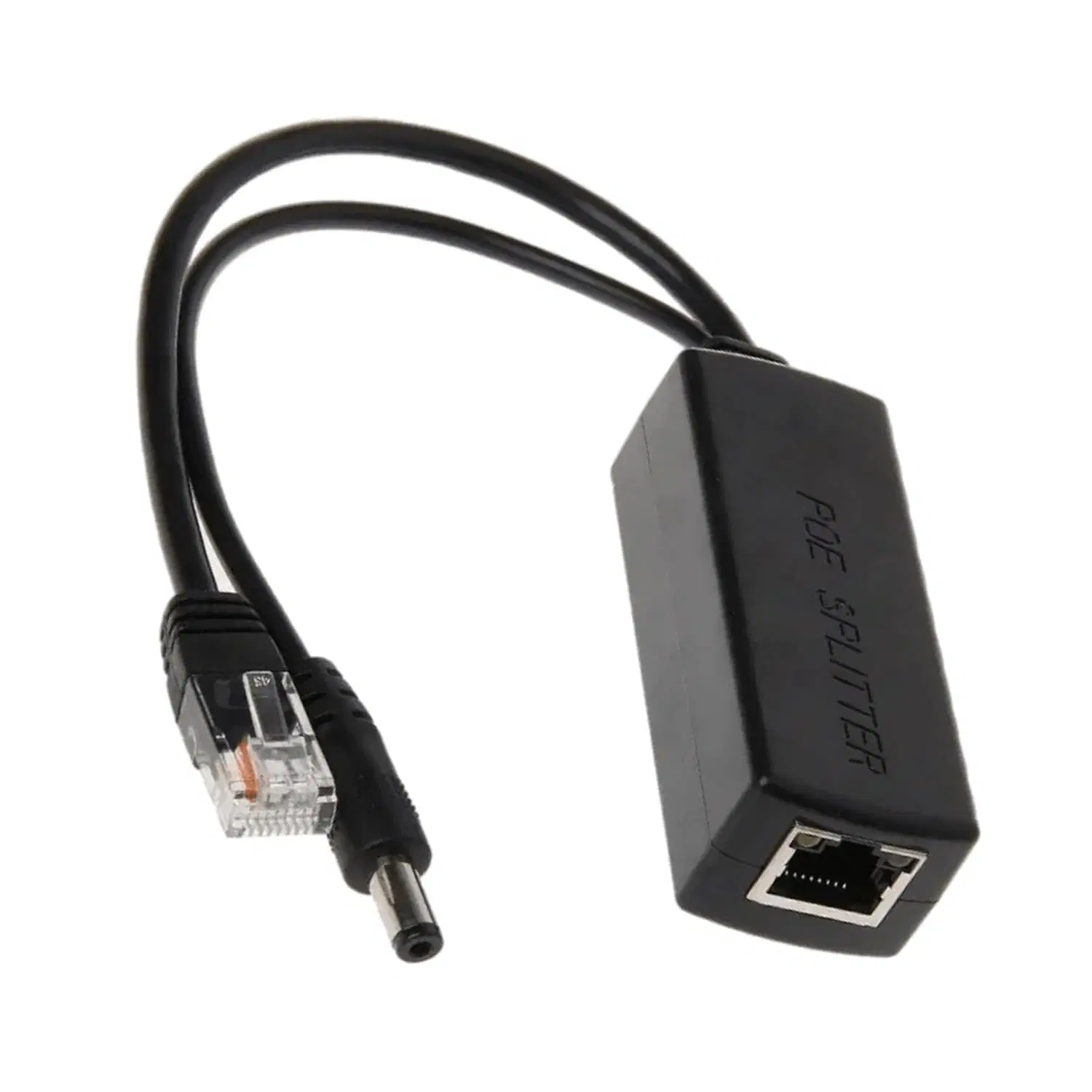 Black PoE splitter adapter with RJ45 plug, DC barrel connector and female Ethernet port on white background