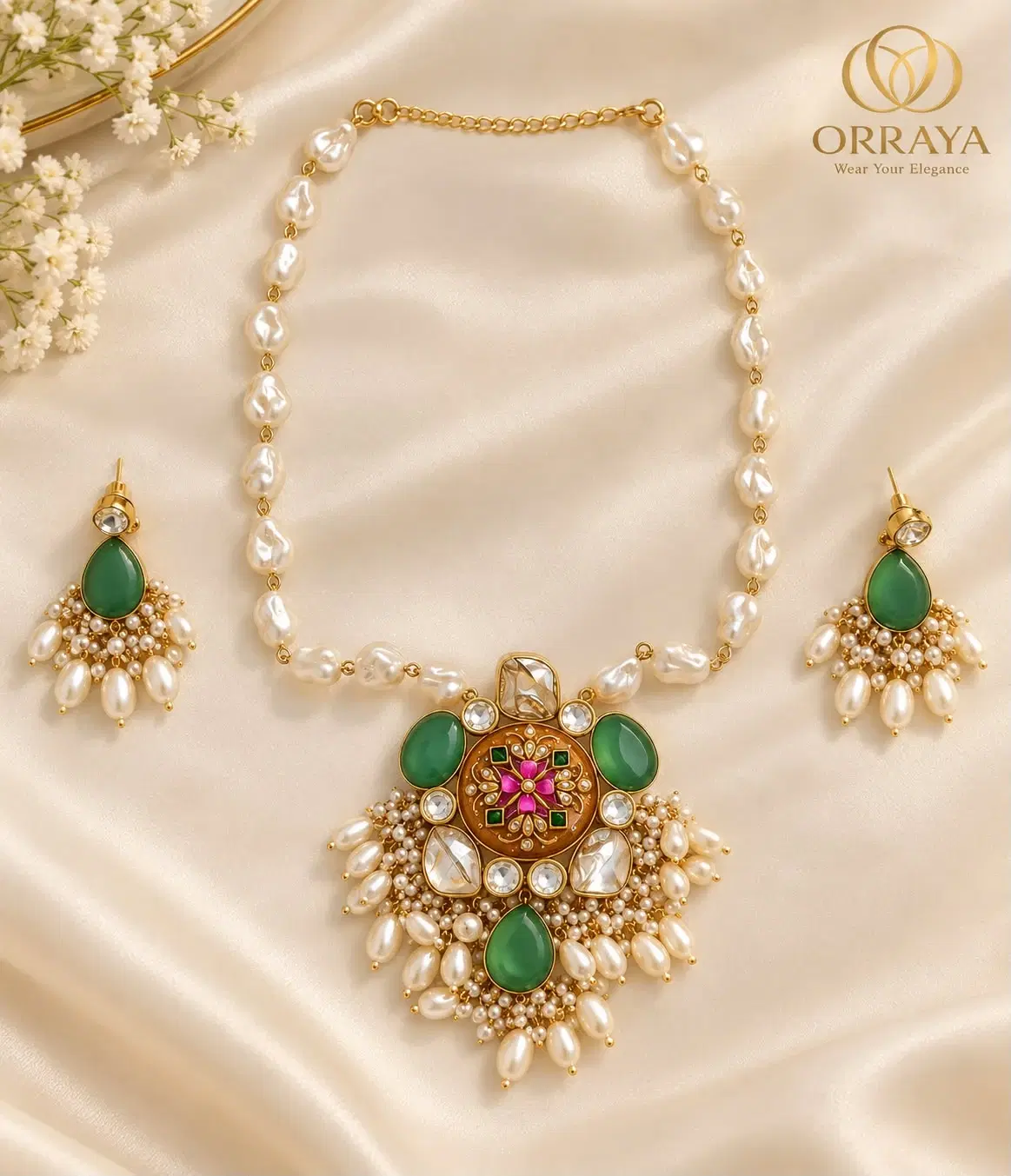 Flat lay of pearl necklace set with ornate green stone pendant and matching drop earrings on satin