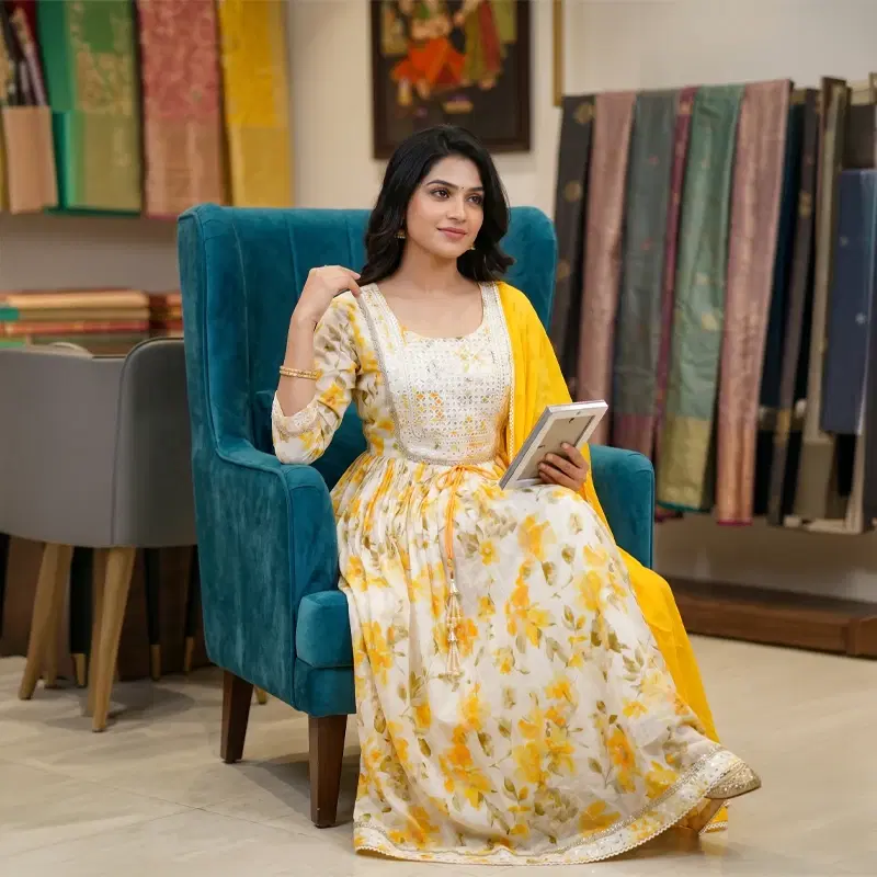 Model seated in a teal chair wearing a white and yellow floral Anarkali with embroidered yoke and yellow dupatta