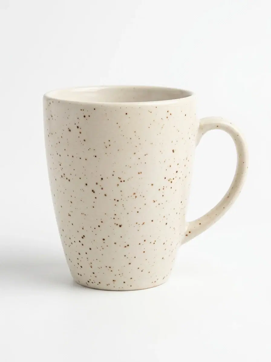 Front angled view of an off-white speckled ceramic mug with curved handle on a plain white background