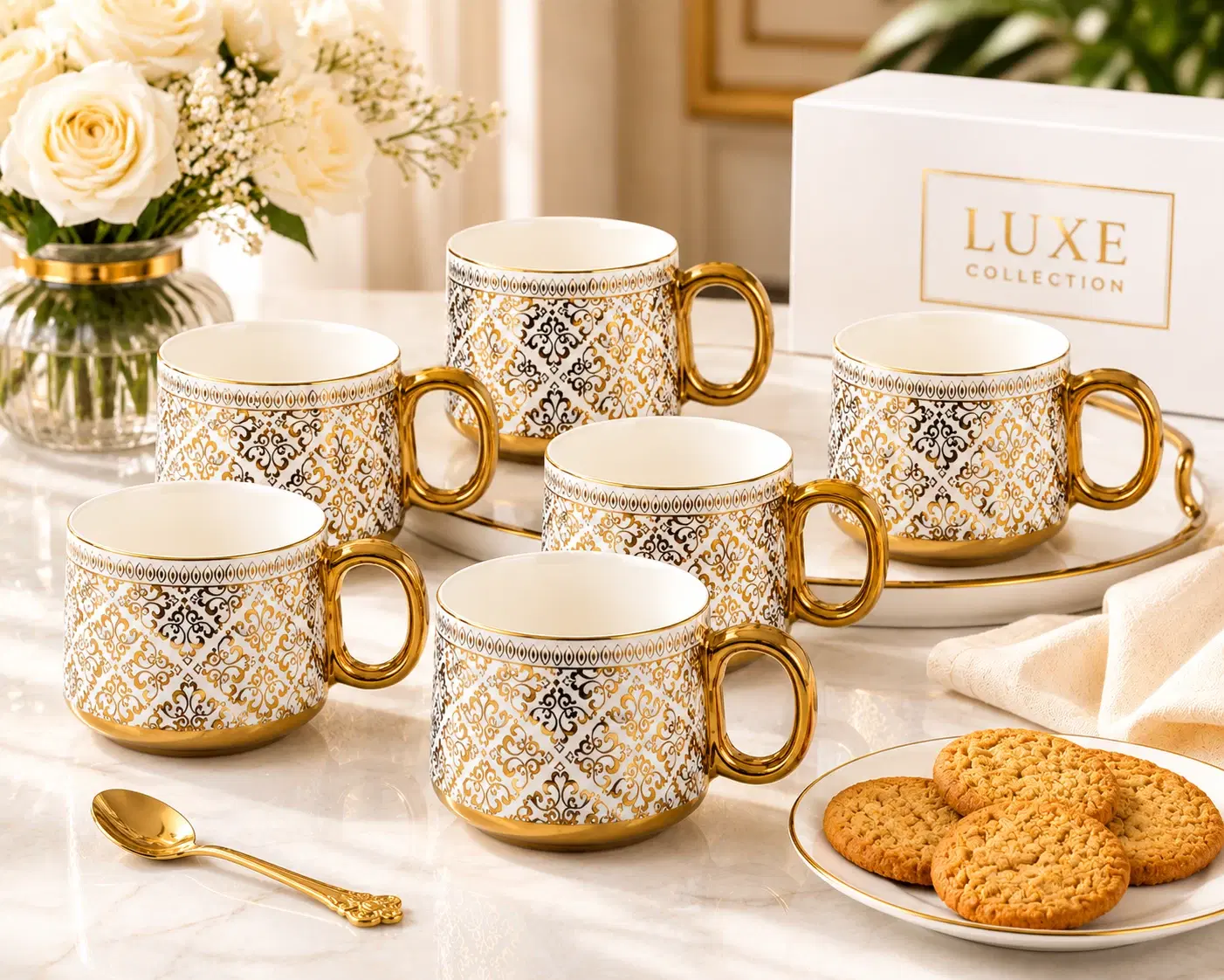 Six ornate white mugs with gold damask print and gold handles beside Luxe Collection gift box