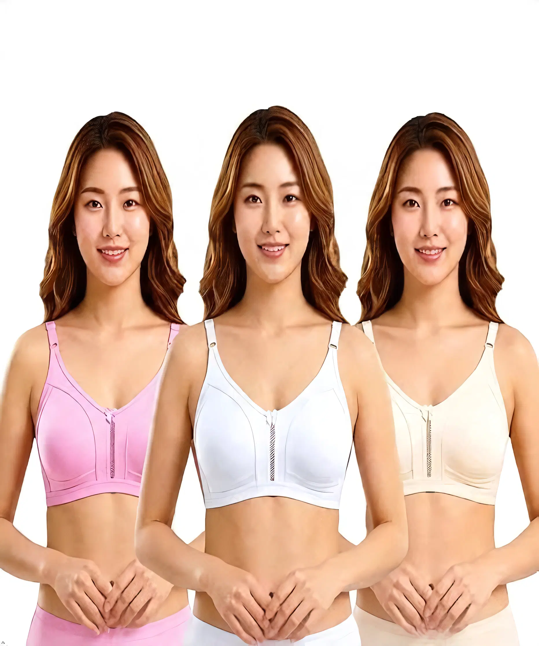 Three color variants of the full support bra shown from the front in pink, white and beige