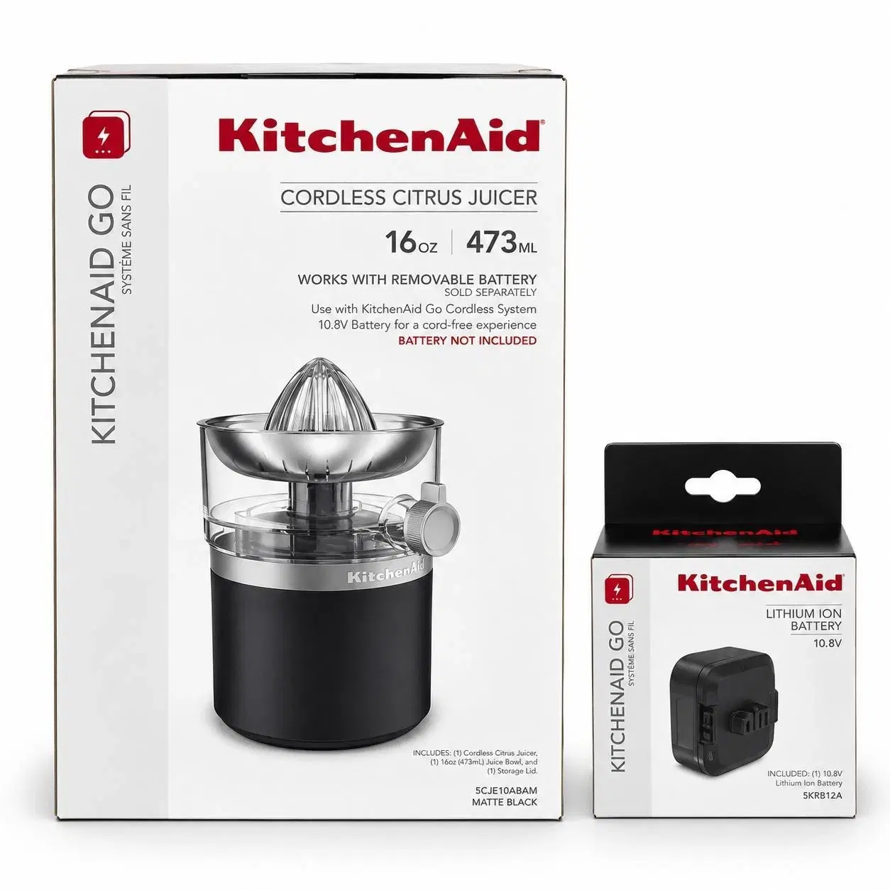 KitchenAid Go cordless citrus juicer box beside separate 10.8V lithium-ion battery retail box