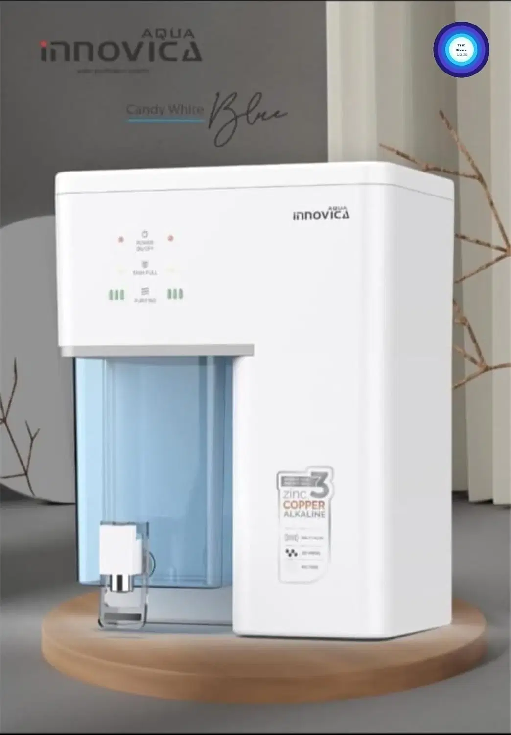 Front three-quarter view of white Aqua Innovica purifier with blue tank and dispensing area on display stand