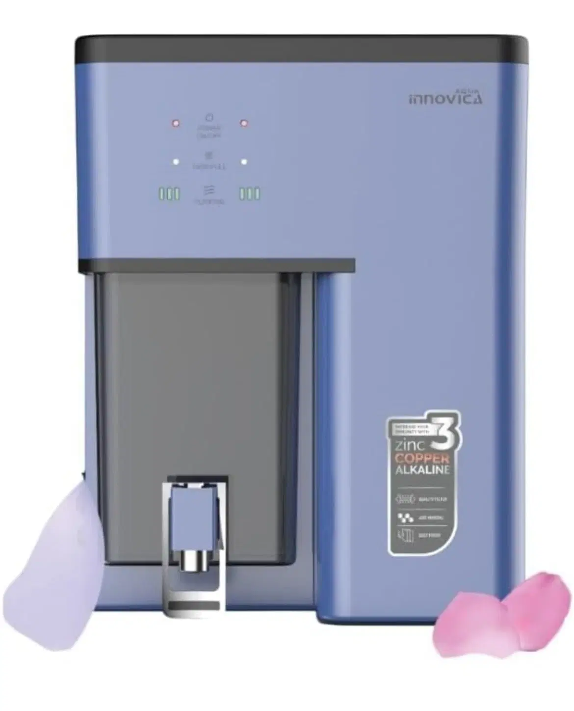 Front view of metallic blue wall-mount water purifier with LED panel and front dispensing tap