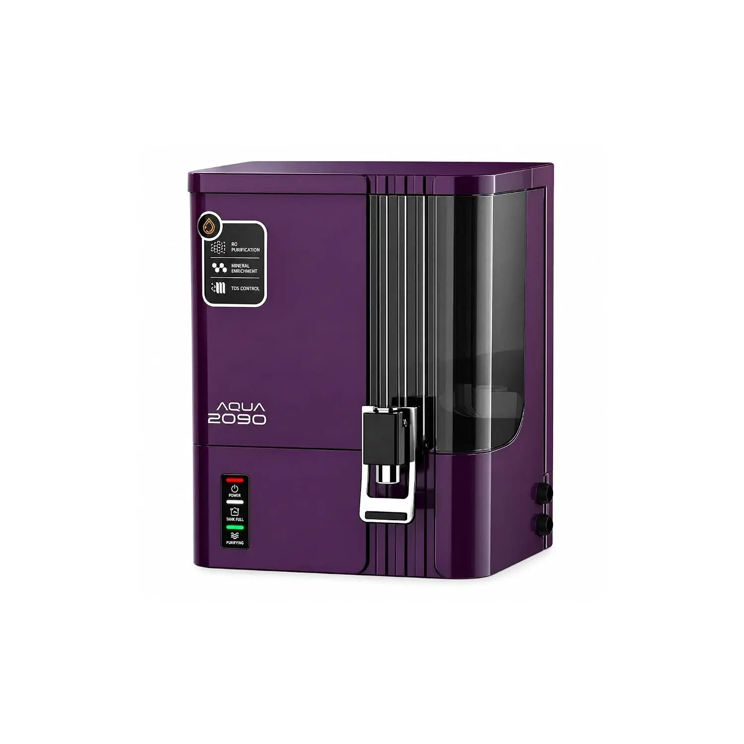 Front three-quarter view of the purple Aqua 2090 purifier with tap and transparent side tank window