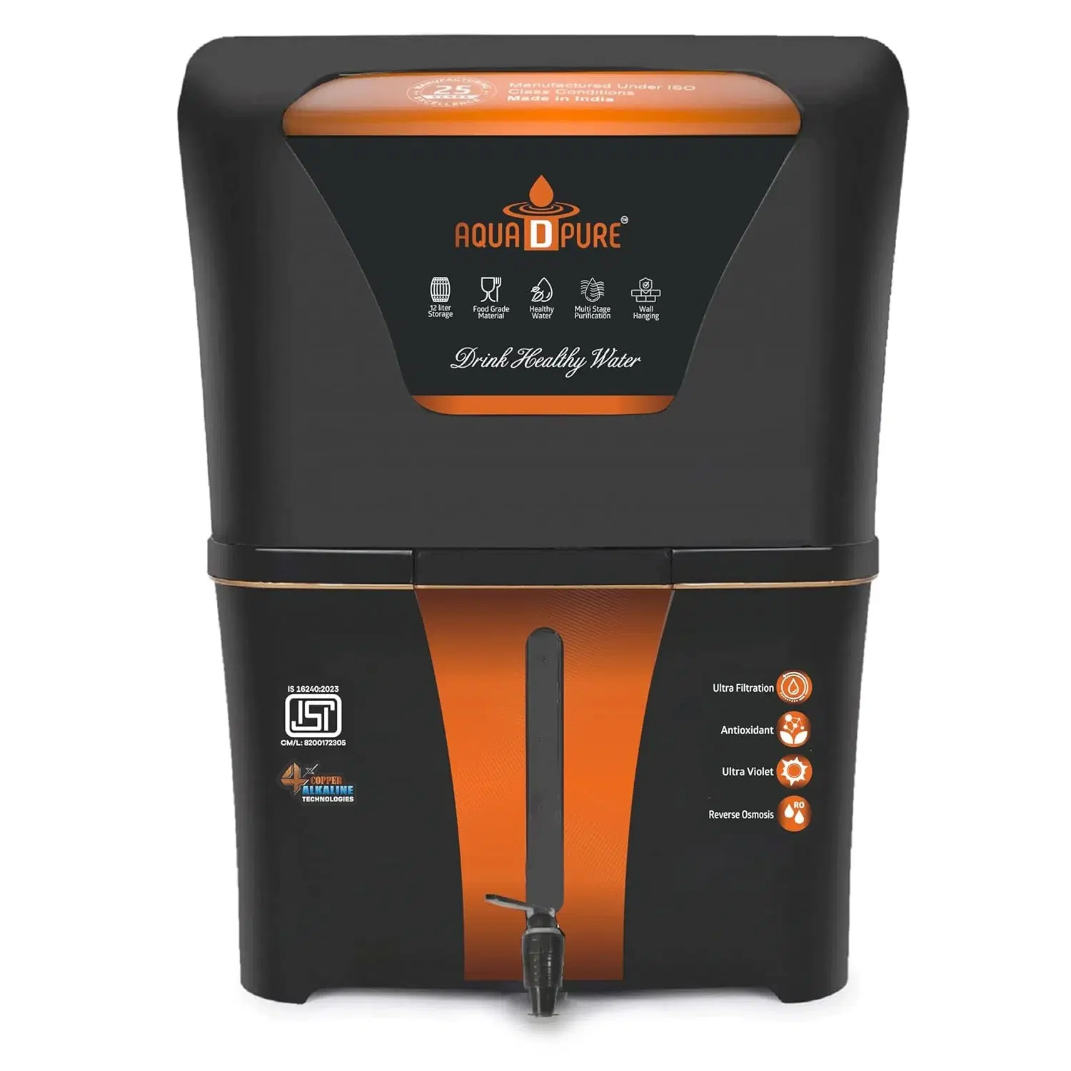 Front view of black and orange Aqua D Pure purifier with tap and visible water level window