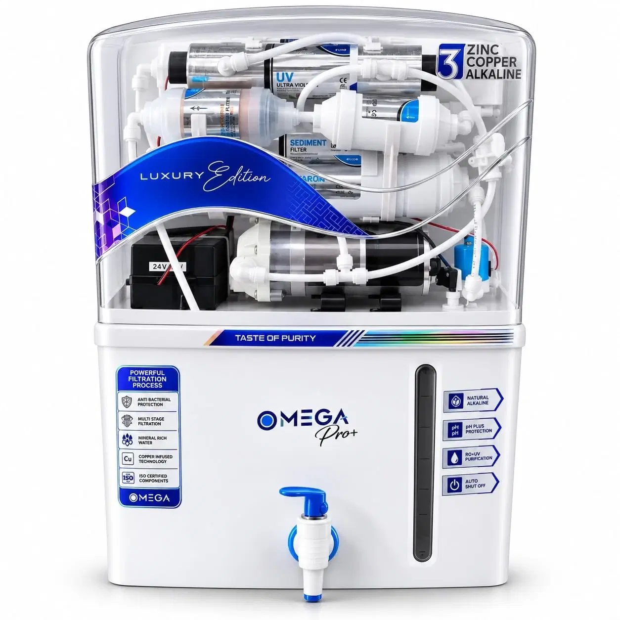 Front view of OMEGA Pro+ water purifier with transparent top, blue tap and visible internal filters