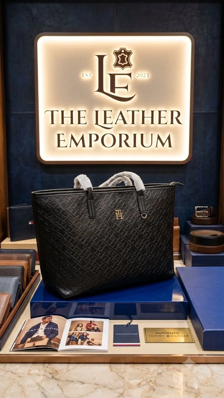 Front view of a black textured tote bag with gold monogram detail and wrapped top handles on display