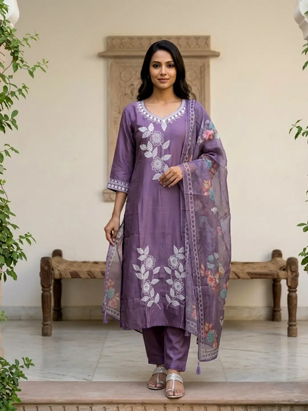 Women’s Silk Embroidered Straight Kurta Pant Dupatta Set Front View