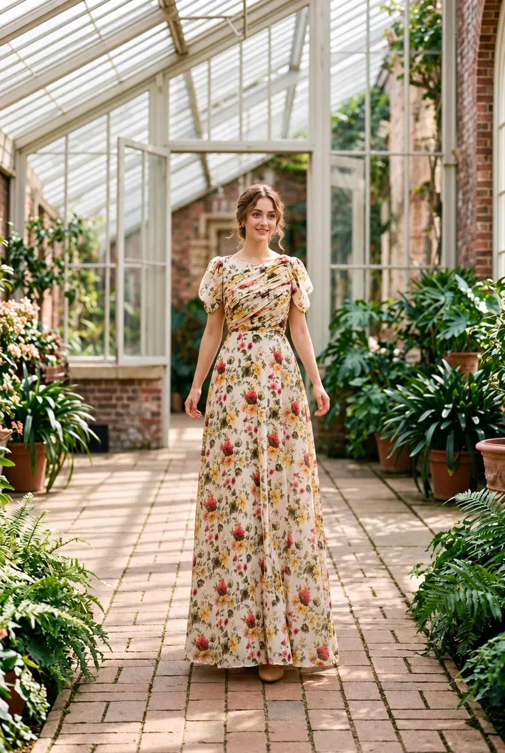 Front view of a cream floral maxi dress with puff sleeves and draped bodice, worn in a sunlit conservatory