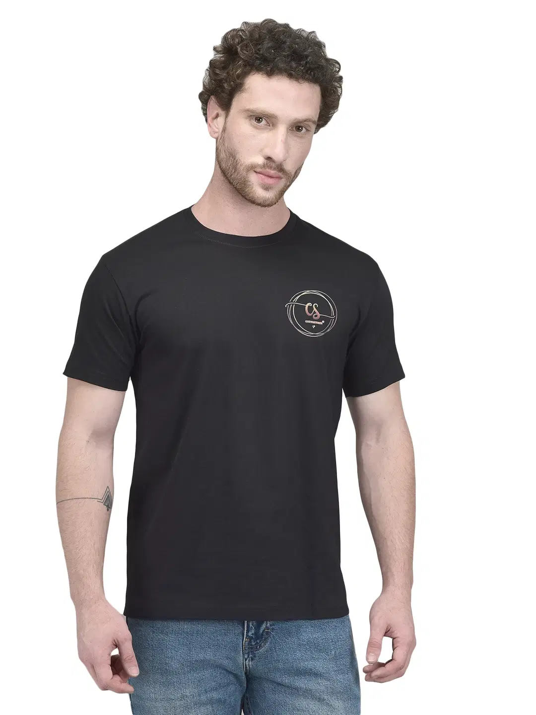 Front view of black crew neck T-shirt with small circular logo print on the left chest