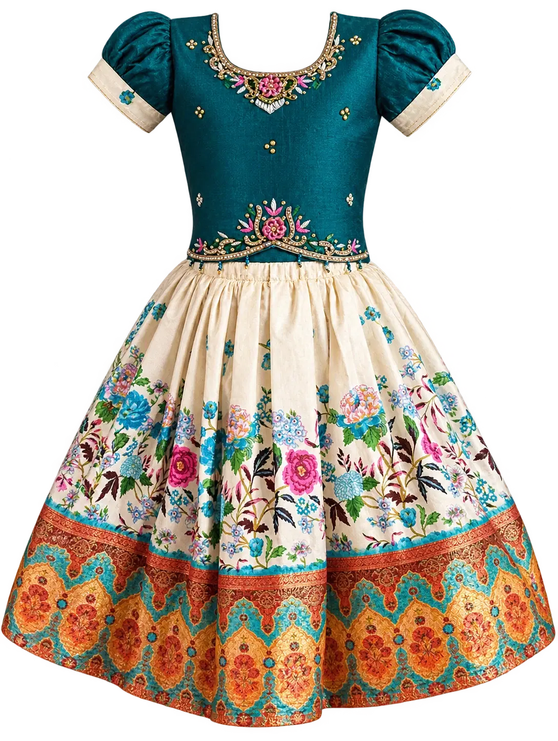 Front view of girls teal ethnic dress with embroidered bodice, puff sleeves and cream floral flared skirt