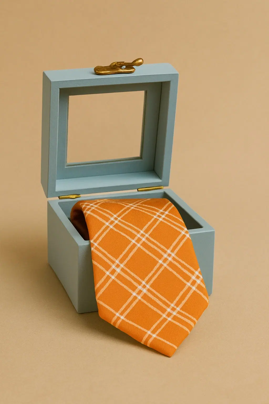 Orange plaid necktie draped from an open light blue display box with gold clasp