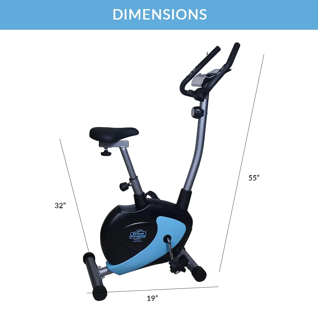 Upright exercise bike in black and blue with dimensions labeled 55, 32, and 19 inches