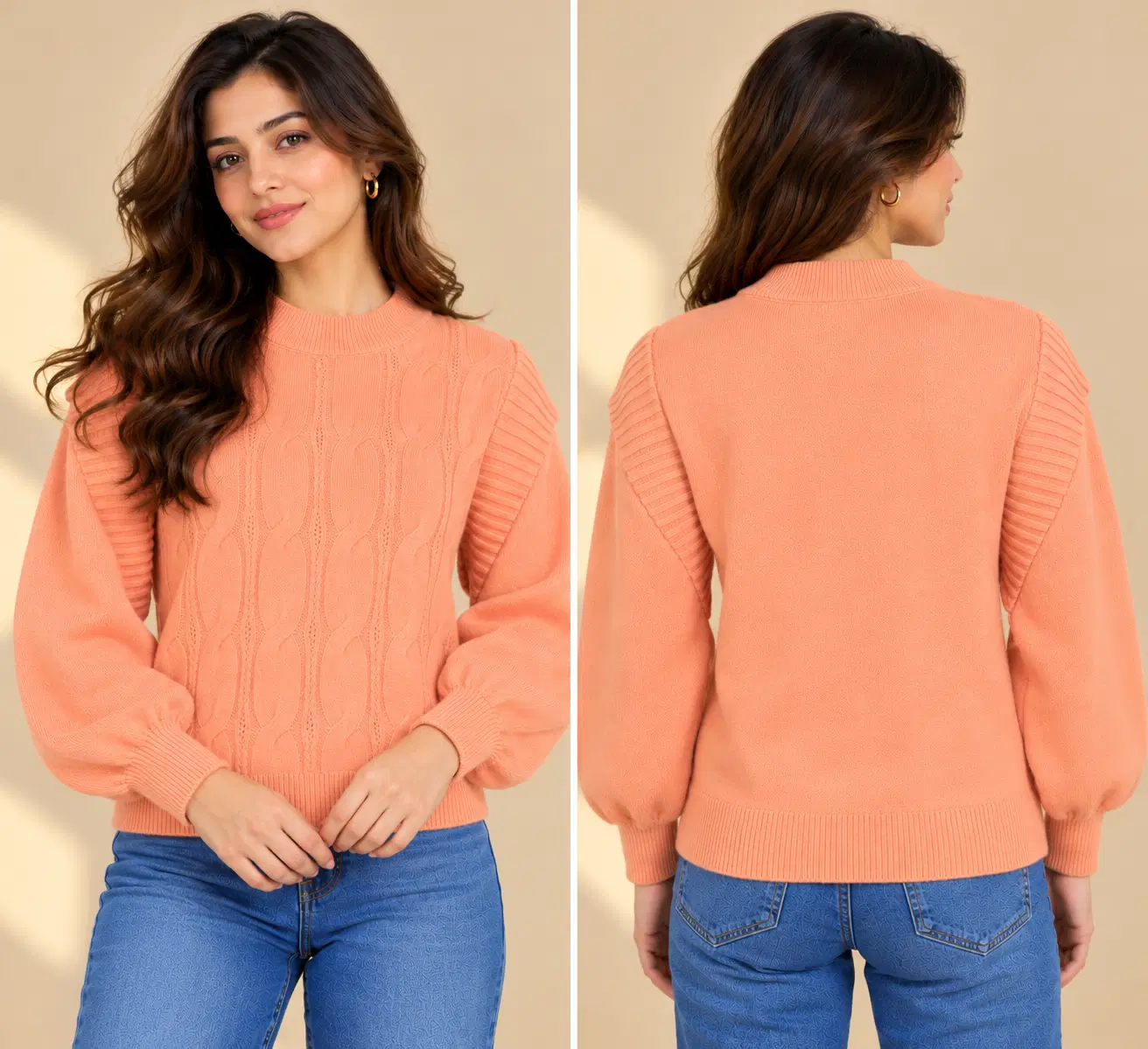 Front and back views of a peach cable-knit sweater with mock neck and puff sleeves
