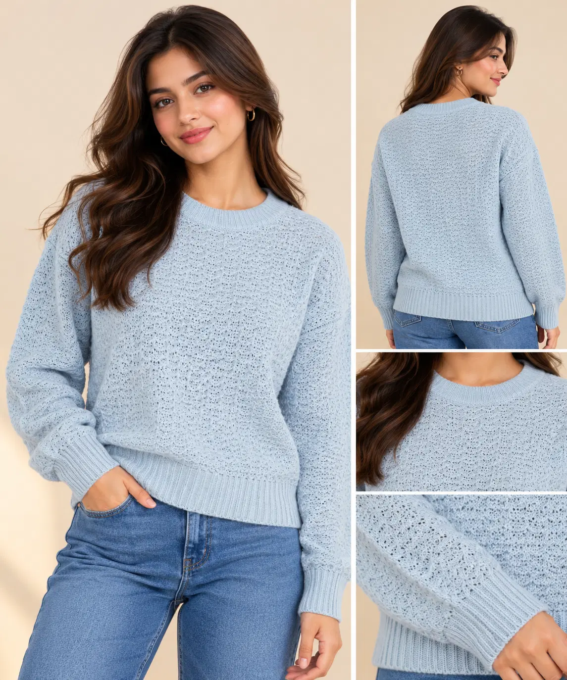 Collage showing front, back and close-up views of a light blue textured knit crew neck sweater